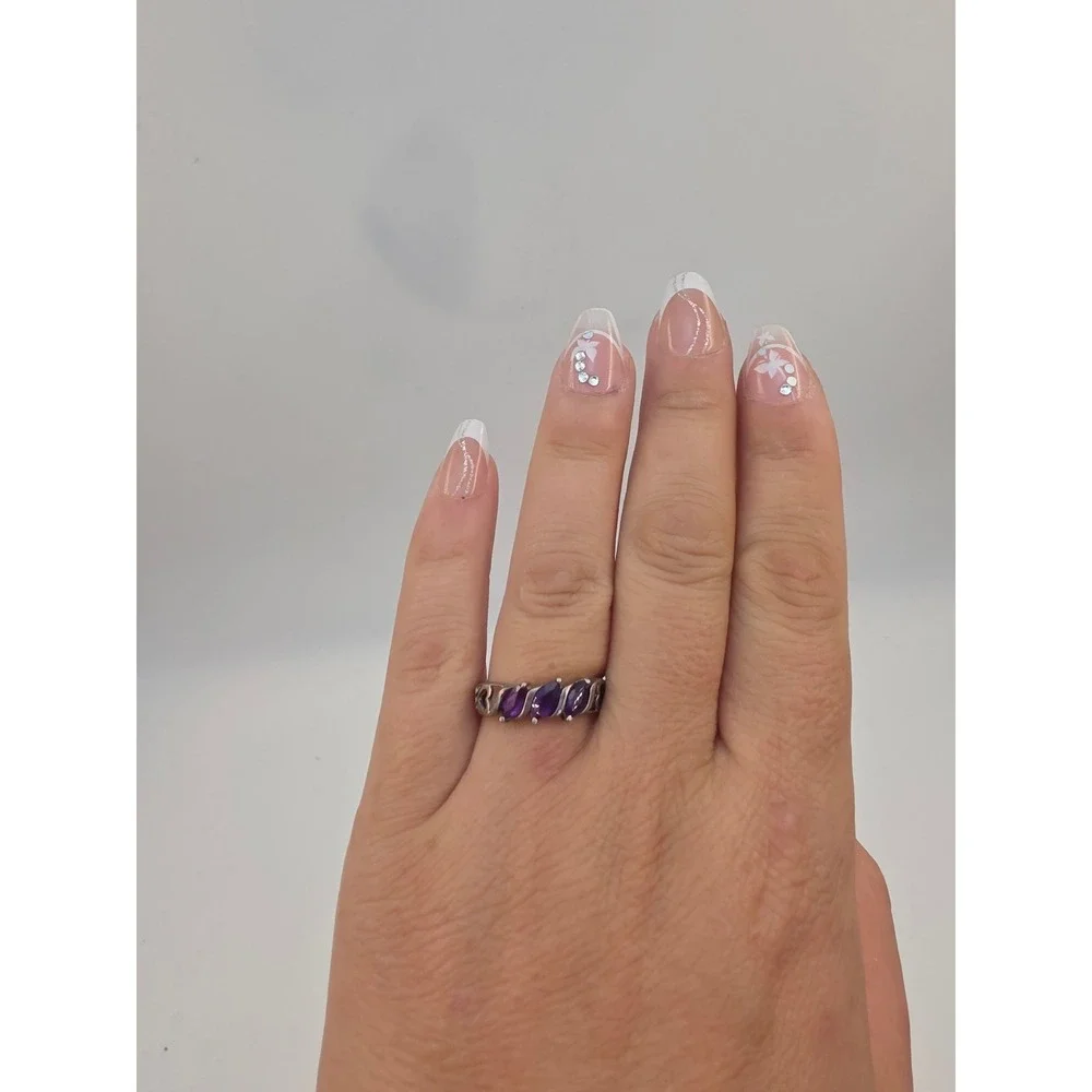 925 Sterling Silver Marquise Amethyst Heart Cutout Ring Size 8 Purple Gemstone
